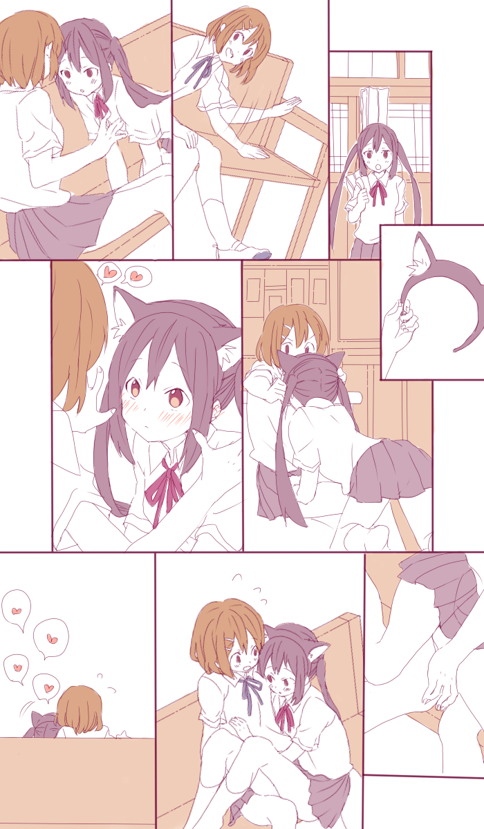 bench, black_hair, blush, brown_eyes, brown_hair, cat_ears, comic, heart