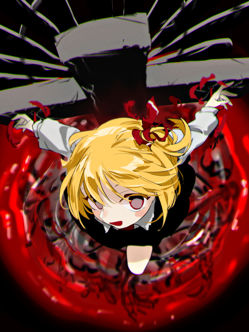 1girl, black_background, black_skirt, black_vest, blonde_hair, blush, bone, chamaruk