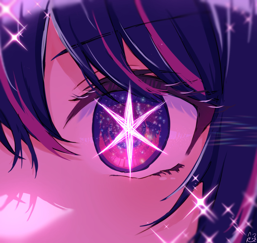 1girl, close-up, commentary_request, eye_focus, eyelashes, hair_between_eyes, hoshino_ai_(oshi_no_ko), looking_at_viewer, multicolored_hair, nekokuro_(geja5355), one-hour_drawing_challenge, oshi_no_ko, partial_commentary, pink_hair, purple_hair, shadow, signature, solo, sparkle, star-shaped_pupils, star_(symbol), streaked_hair, symbol-shaped_pupils, violet_eyes