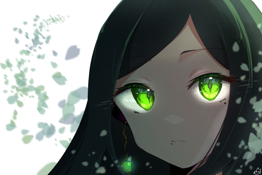 1girl, blurry, close-up, closed_mouth, commentary_request, depth_of_field, earrings, falling_petals