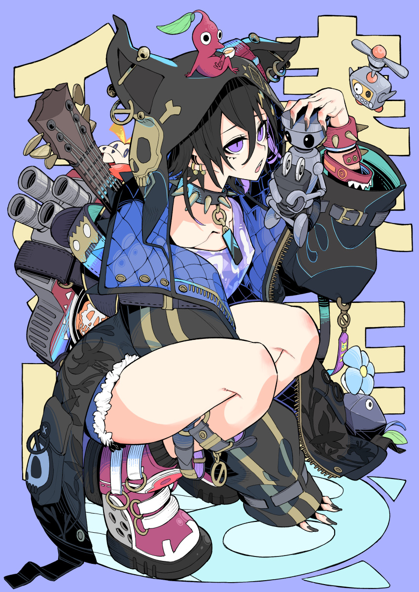 1boy, absurdres, adapted_costume, animal_hood, ankle_boots, black_collar, black_hair, black_jacket