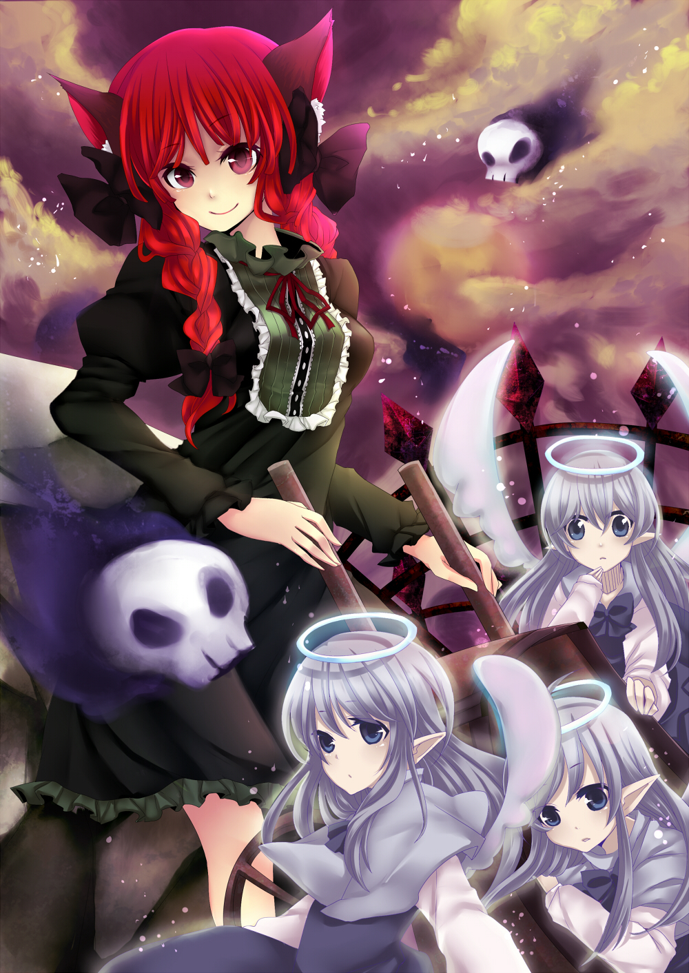 adapted_costume, animal_ears, blue_eyes, bow, braid, cat_ears, dress, floating_skull