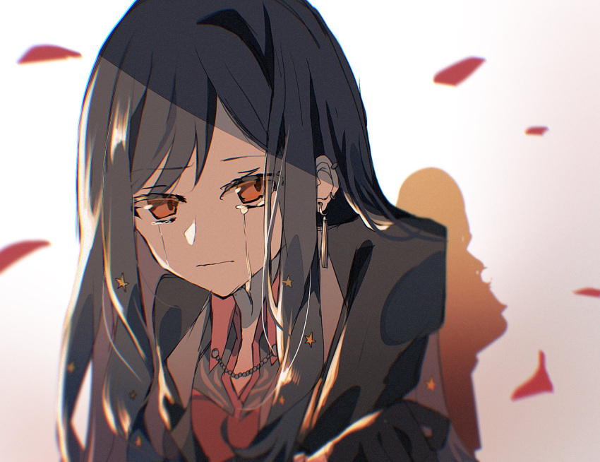1girl, anemonelove, angst, black_gloves, black_hair, black_jacket, closed_mouth, collared_shirt, commentary, crying, crying_with_eyes_open, ear_piercing, earrings, falling_petals, film_grain, gloves, hair_ornament, highres, jacket, jewelry, long_hair, looking_at_viewer, orange_eyes, parted_bangs, petals, piercing, project_sekai, red_shirt, shade, shadow, shiraishi_an, shirt, solo, star_(symbol), star_hair_ornament, symbol-only_commentary, tears, upper_body
