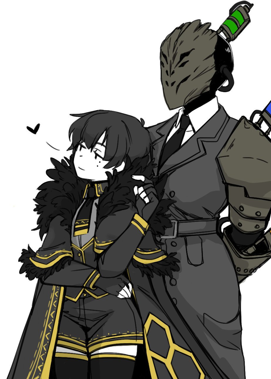 1boy, 1girl, arms_behind_back, black_cape, black_capelet, black_eyes, black_feathers, black_gloves
