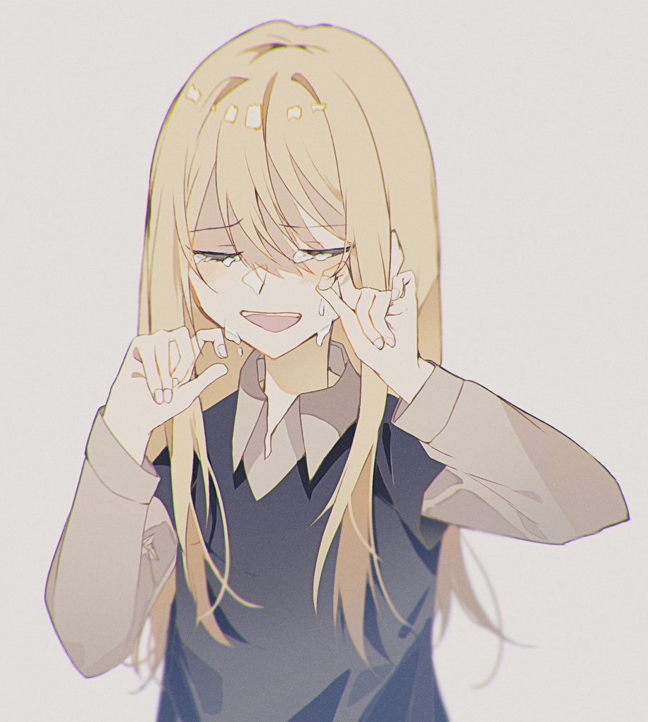 1girl, anemonelove, black_vest, blonde_hair, blush, brown_shirt, closed_eyes, collared_shirt, commentary, crying, facing_viewer, film_grain, grey_background, hair_between_eyes, hoshino_ruby, long_hair, long_sleeves, open_mouth, oshi_no_ko, shadow, shirt, sidelocks, simple_background, smile, solo, symbol-only_commentary, tears, teeth, upper_body, upper_teeth_only, vest, wiping_tears