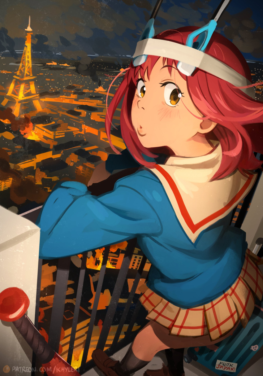 1girl, absurdres, against_railing, blue_shirt, brown_eyes, brown_skirt, cityscape, eiffel_tower