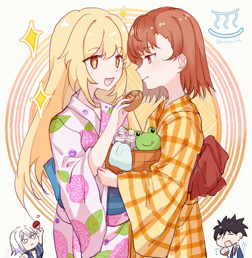 2boys, 2girls, :d, absurdres, accelerator_(toaru_majutsu_no_index), acertaindosu, ball, basket, black_hair, blonde_hair, brown_hair, checkered_clothes, checkered_kimono, eating, eye_contact, fanning_self, feeding, floral_print, food, gekota, hand_fan, highres, holding, holding_basket, holding_fan, holding_food, holding_paddle, japanese_clothes, kamijou_touma, kimono, light_blush, long_hair, looking_at_another, misaka_mikoto, multiple_boys, multiple_girls, orange_kimono, paddle, pink_kimono, print_kimono, shokuhou_misaki, short_hair, smile, soap_bottle, sparkle, spiky_hair, star-shaped_pupils, star_(symbol), symbol-shaped_pupils, table_tennis_ball, table_tennis_paddle, toaru_kagaku_no_railgun, toaru_majutsu_no_index, towel, white_background, white_hair, wide_sleeves, yellow_eyes, yellow_kimono