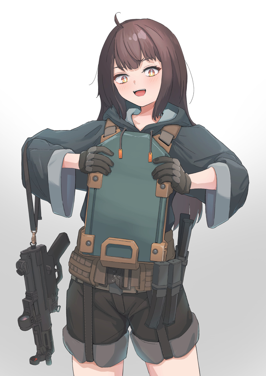 1girl, :d, absurdres, ahoge, belt, black_gloves, black_hair, black_hoodie