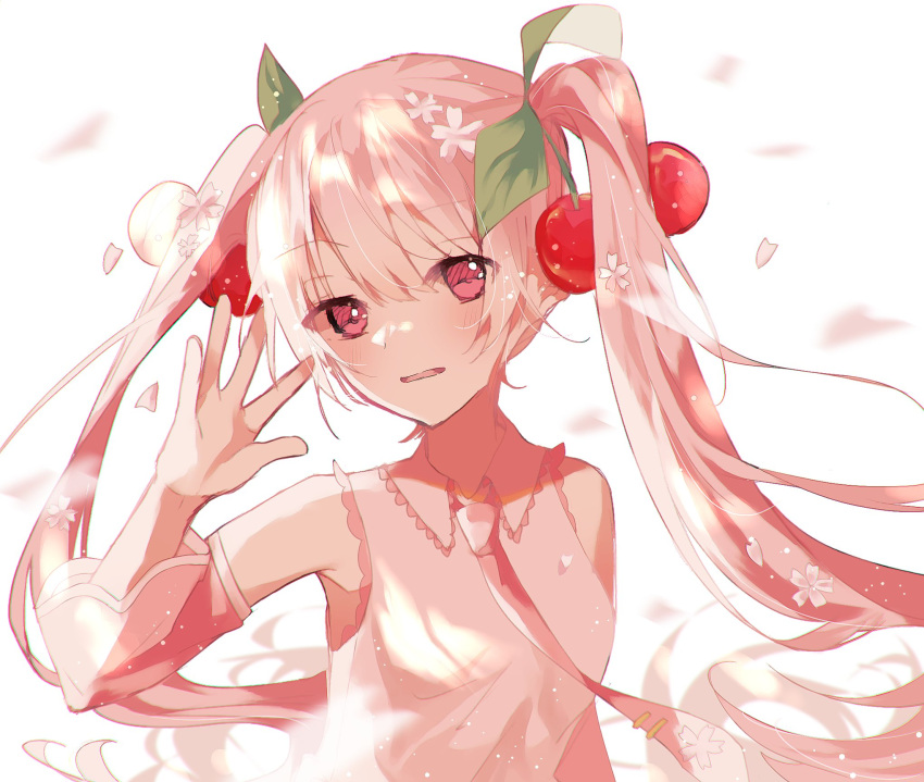 1girl, anemonelove, bare_shoulders, blush, cherry_blossoms, cherry_hair_ornament, collared_shirt, commentary, detached_sleeves, dress, falling_petals, floating_hair, food-themed_hair_ornament, hair_ornament, hatsune_miku, highres, long_hair, looking_at_viewer, miku_day, necktie, open_mouth, petals, pink_eyes, pink_hair, pink_necktie, pink_theme, sakura_miku, shirt, simple_background, sleeveless, sleeveless_dress, solo, twintails, upper_body, very_long_hair, vocaloid, waving, white_background, wide_sleeves