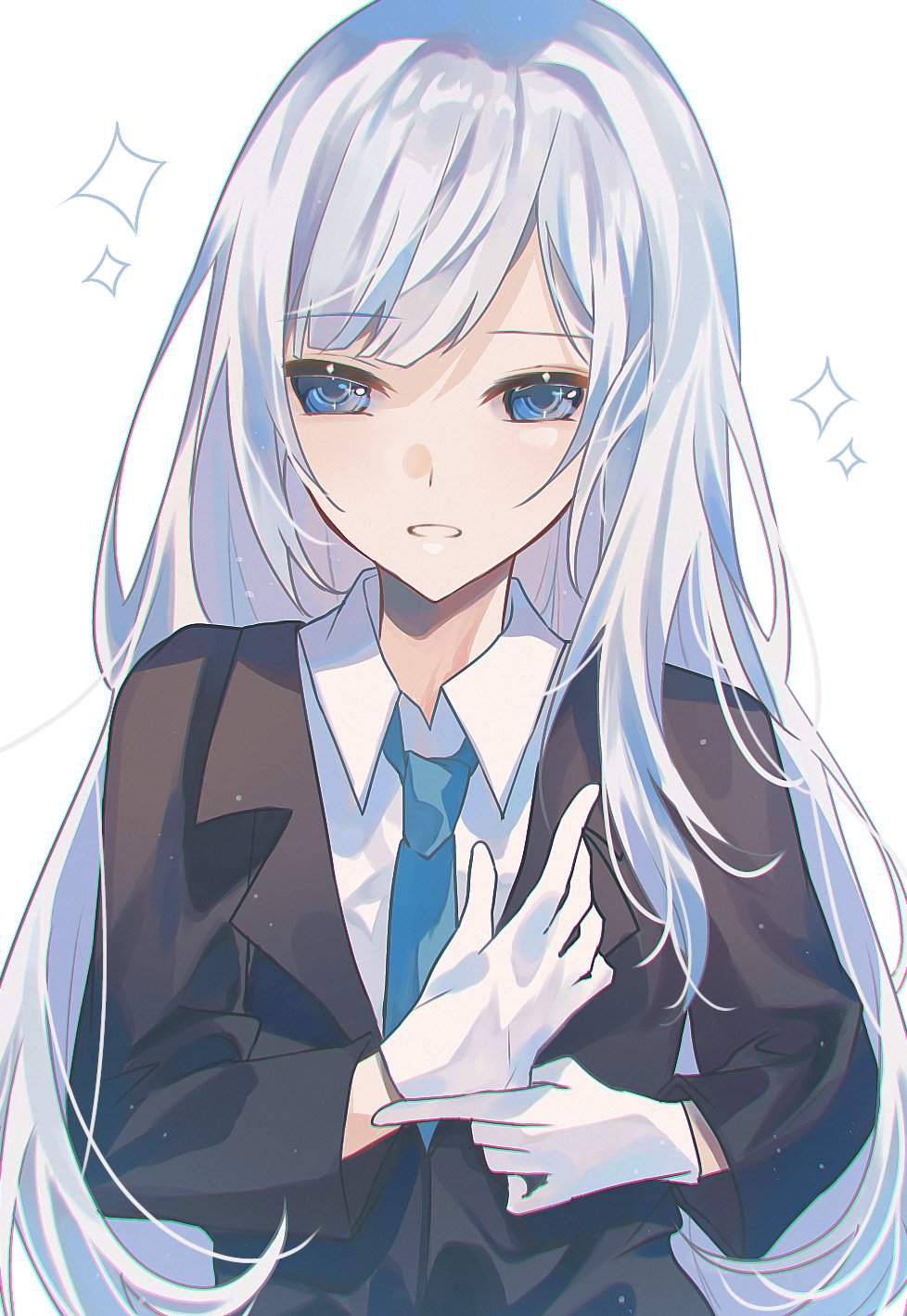 1girl, anemonelove, black_jacket, blazer, blue_eyes, blue_necktie, blunt_bangs, collared_shirt