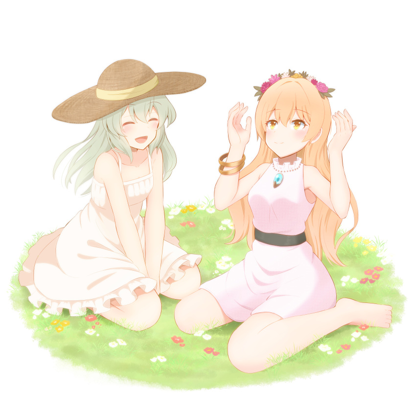 2girls, :d, absurdres, adapted_costume, alternate_costume, alternate_hairstyle, bangle, bare_legs, bare_shoulders, barefoot, belt, between_legs, blush, bracelet, breasts, closed_eyes, closed_mouth, commentary_request, dress, flower, frills, grass, green_hair, hair_down, hand_between_legs, hands_up, happy, hat, highres, jewelry, komeiji_koishi, long_hair, masakano_masaka, medium_breasts, multiple_girls, necklace, no_coat, open_mouth, orange_eyes, orange_flower, orange_hair, outdoors, petticoat, red_flower, seiza, simple_background, single_bare_arm, sitting, small_breasts, smile, touhou, v_arms, very_long_hair, wariza, white_background, white_dress, white_flower, yorigami_jo'on