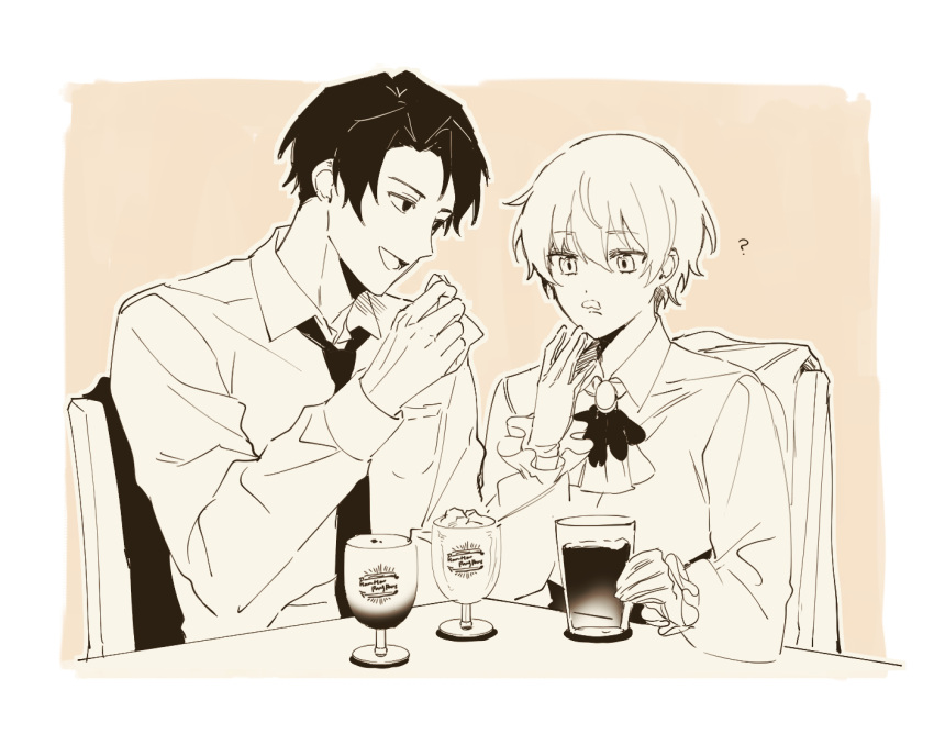 1boy, 1girl, angela_(project_moon), ap5ry, ascot, brooch, chair, collared_shirt