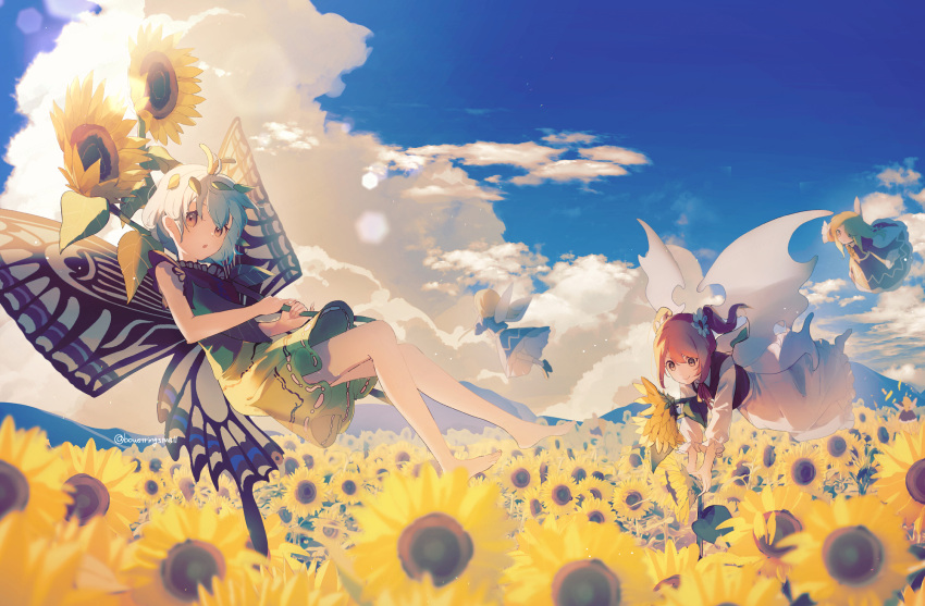 4girls, barefoot, blonde_hair, blue_dress, blue_hair, blue_skirt, blue_sky, butterfly_wings