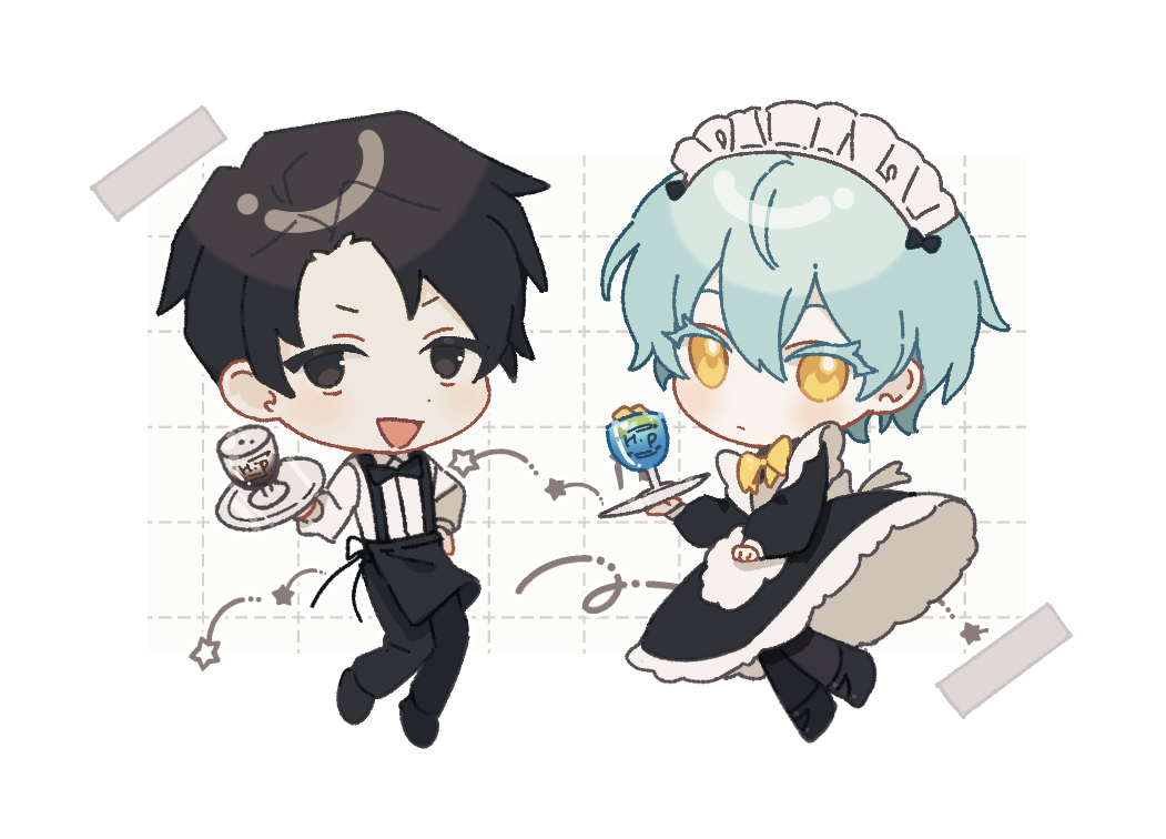 1boy, 1girl, angela_(project_moon), ap5ry, apron, black_apron, black_dress, black_eyes