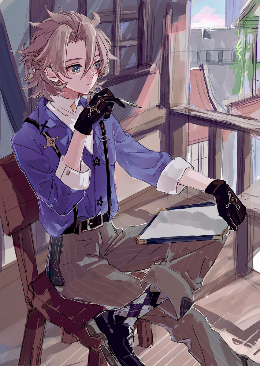 1boy, absurdres, albedo_(genshin_impact), albedo_(m&amp;g)_(genshin_impact), belt, black_belt, black_gloves, blonde_hair, blue_eyes, blue_jacket, brown_pants, clipboard, genshin_impact, gloves, half_updo, highres, holding, holding_clipboard, jacket, long_sleeves, male_focus, official_alternate_costume, pants, paper, ponmameg, red_eyeliner, shirt, short_ponytail, solo, striped, striped_pants, suspenders, turtleneck, vertical-striped_pants, vertical_stripes, white_shirt