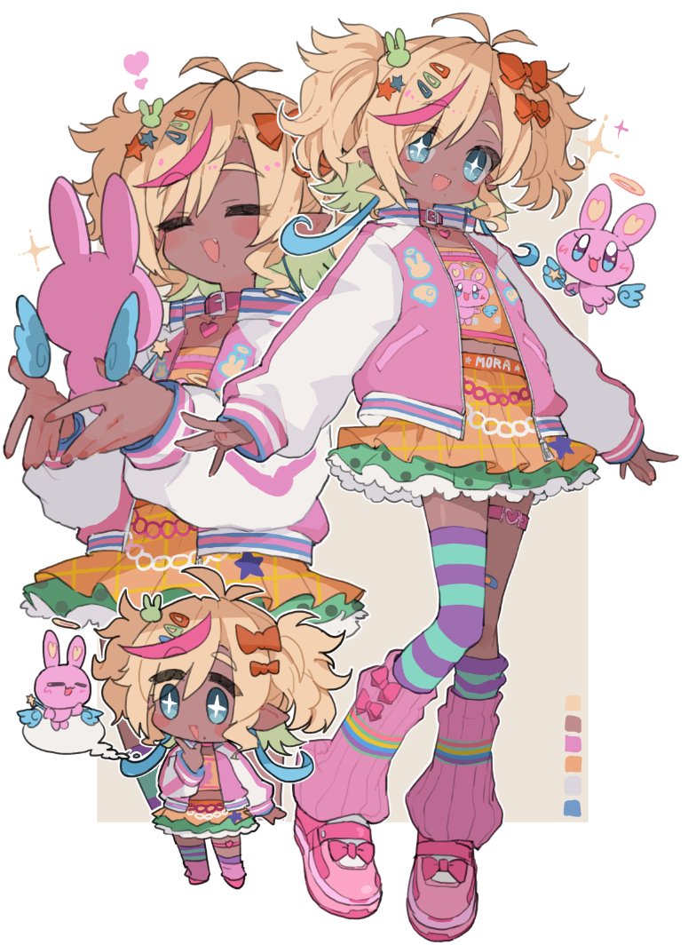 +_+, 1girl, =_=, antenna_hair, asymmetrical_legwear, bandaid, bandaid_on_knee, bandaid_on_leg, blonde_hair, blue_eyes, blue_hair, blush, border, bow, chain_belt, chibi, closed_eyes, collar, color_guide, colored_inner_hair, commission, dark-skinned_female, dark_skin, fangs, footwear_bow, frilled_skirt, frills, full_body, green_hair, green_skirt, grey_background, hair_bow, hair_ornament, hairclip, halo, heart, heart_collar, indie_virtual_youtuber, jacket, kasa_(hitori_sanka), layered_skirt, leg_warmers, letterman_jacket, long_sleeves, looking_at_viewer, medium_hair, mismatched_legwear, molamola_hatoko, mole, mole_under_mouth, multicolored_hair, multiple_hair_bows, multiple_views, open_clothes, open_jacket, open_mouth, orange_bow, orange_skirt, orange_tube_top, outline, outside_border, pink_collar, pink_footwear, pink_hair, pink_jacket, pink_leg_warmers, plaid, plaid_skirt, pointy_ears, polka_dot, polka_dot_skirt, print_tube_top, purple_socks, shoes, short_twintails, simple_background, skeb_commission, skirt, sleeves_past_wrists, smile, socks, sparkle, standing, standing_on_one_leg, star_(symbol), star_hair_ornament, strapless, streaked_hair, striped, striped_socks, striped_thighhighs, thigh-highs, tube_top, twintails, virtual_youtuber, white_border, white_outline, wings