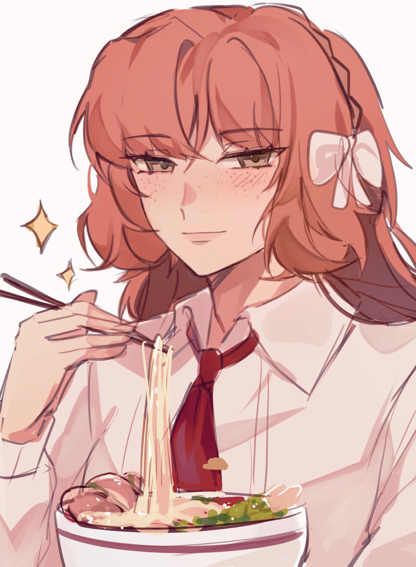 1girl, blush, bow, bowl, brown_eyes, chopsticks, closed_mouth, commentary