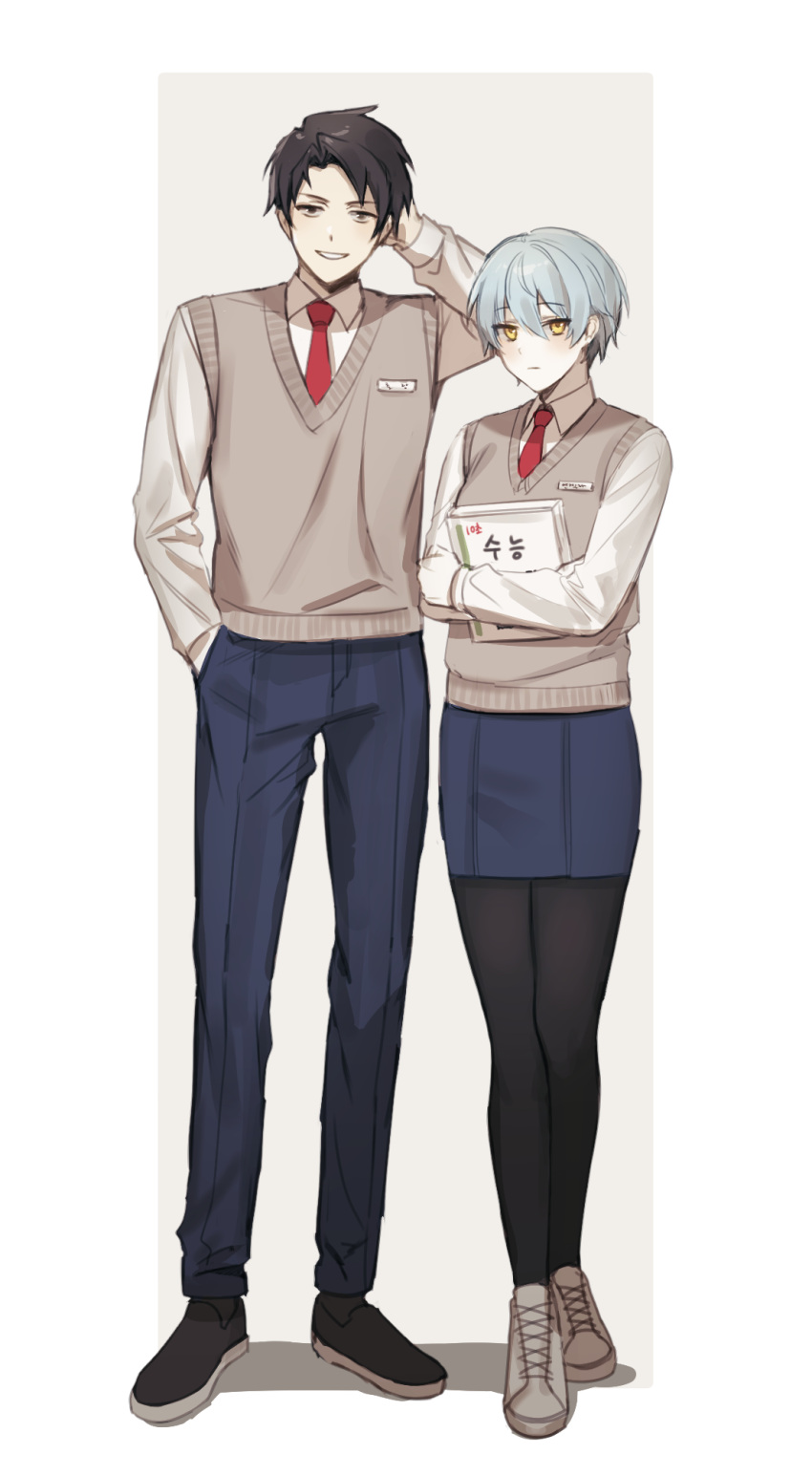 1boy, 1girl, angela_(project_moon), ap5ry, arm_up, black_eyes, black_footwear, black_hair
