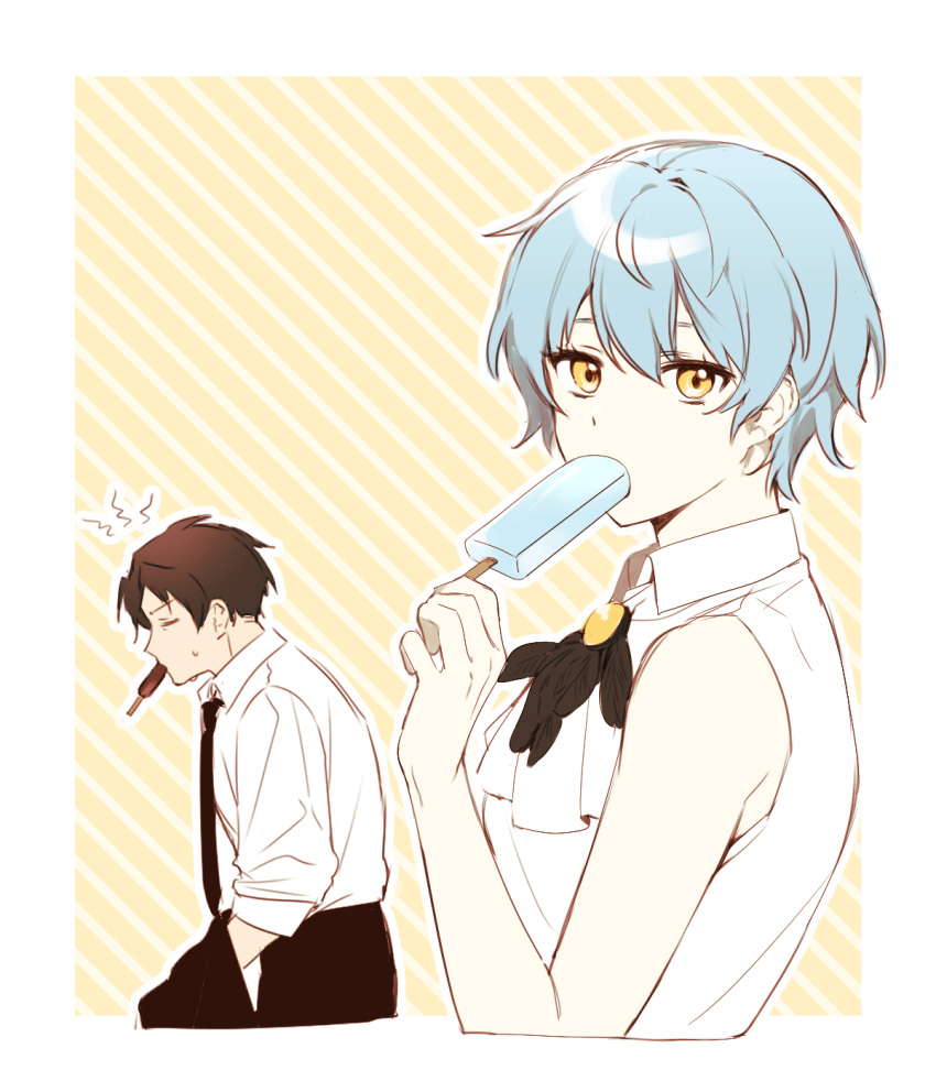 1boy, 1girl, angela_(project_moon), ap5ry, ascot, black_hair, black_necktie, black_pants