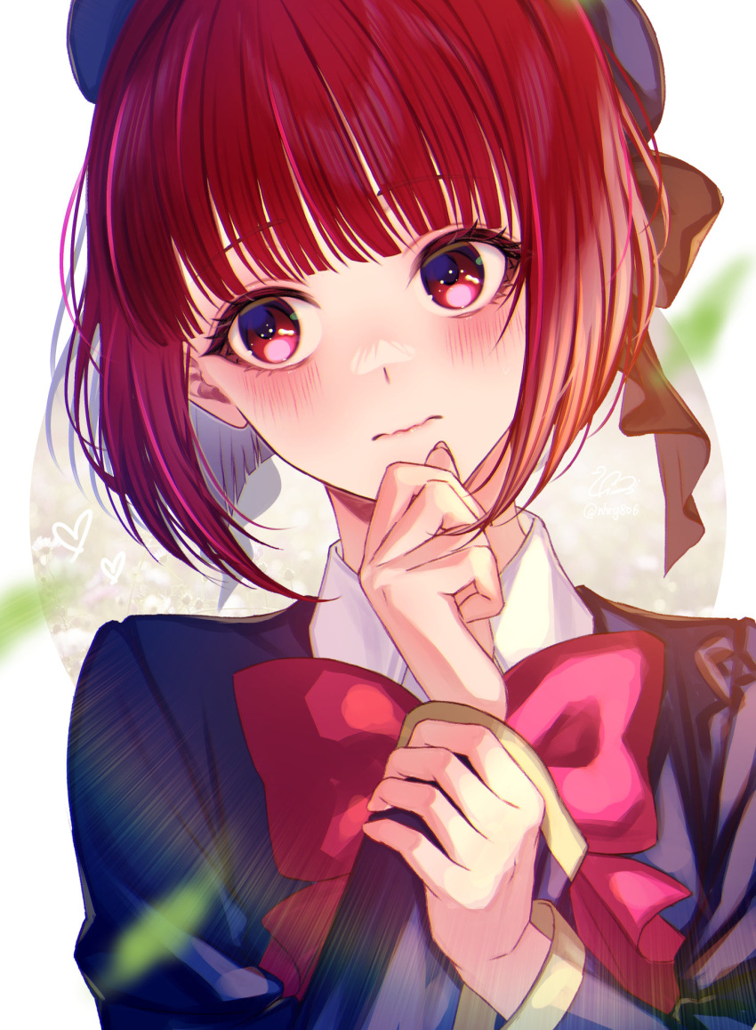 1girl, arima_kana, beret, black_bow, blue_headwear, blue_jacket, blunt_bangs, blush
