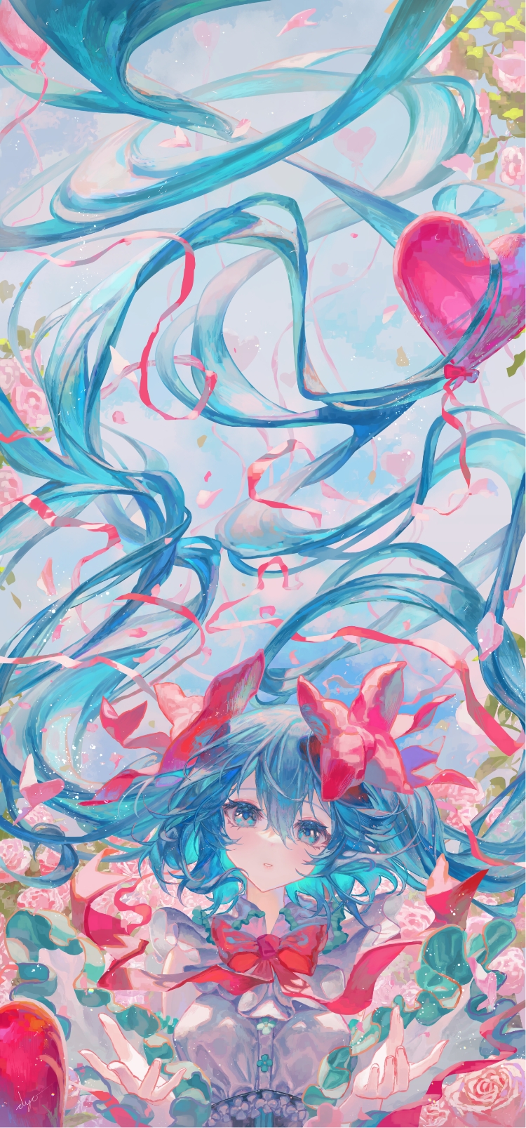 1girl, absurdly_long_hair, aqua_eyes, aqua_hair, balloon, bow, bowtie, breasts