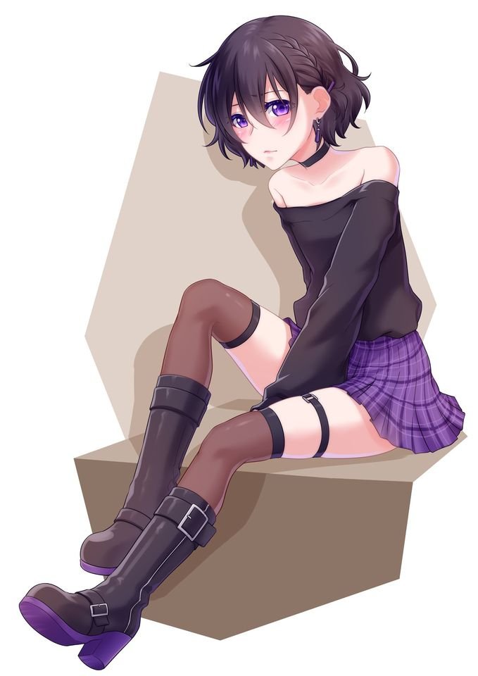 1girl, bare_shoulders, black_sweater, boots, braid, brown_hair, closed_mouth, earrings