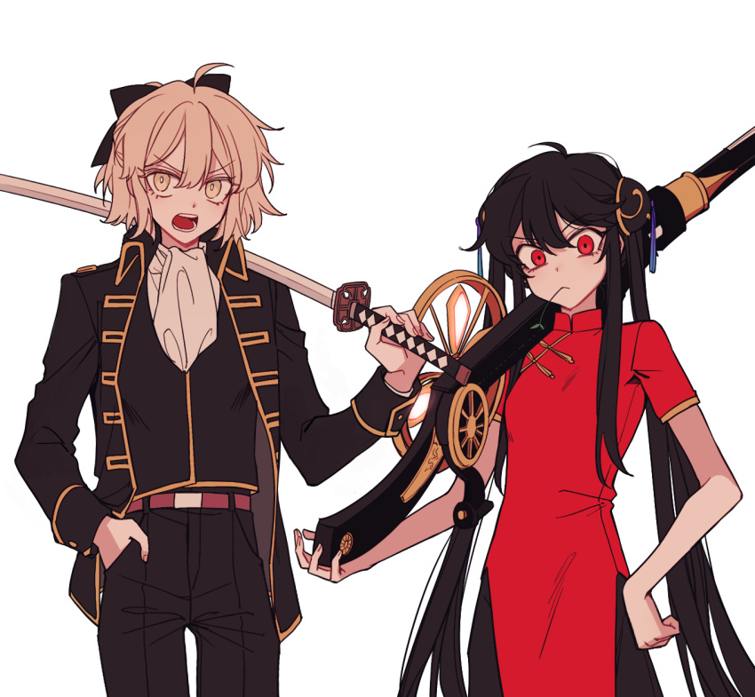 2girls, ahoge, alternate_costume, belt, black_bow, black_hair, black_pants, blonde_hair