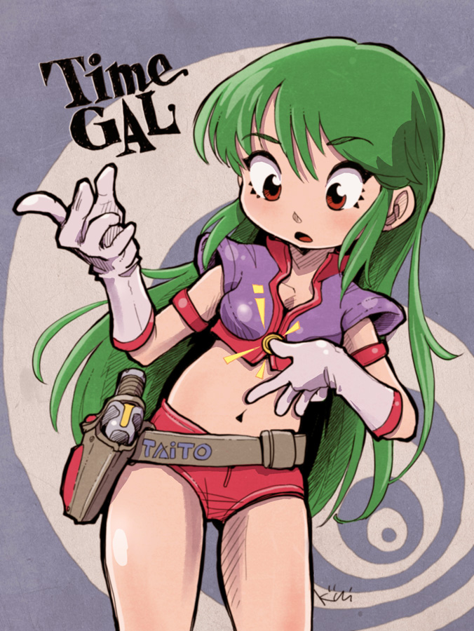 1girl, arm_up, belt, brown_eyes, copyright_name, crop_top, energy_gun, gloves