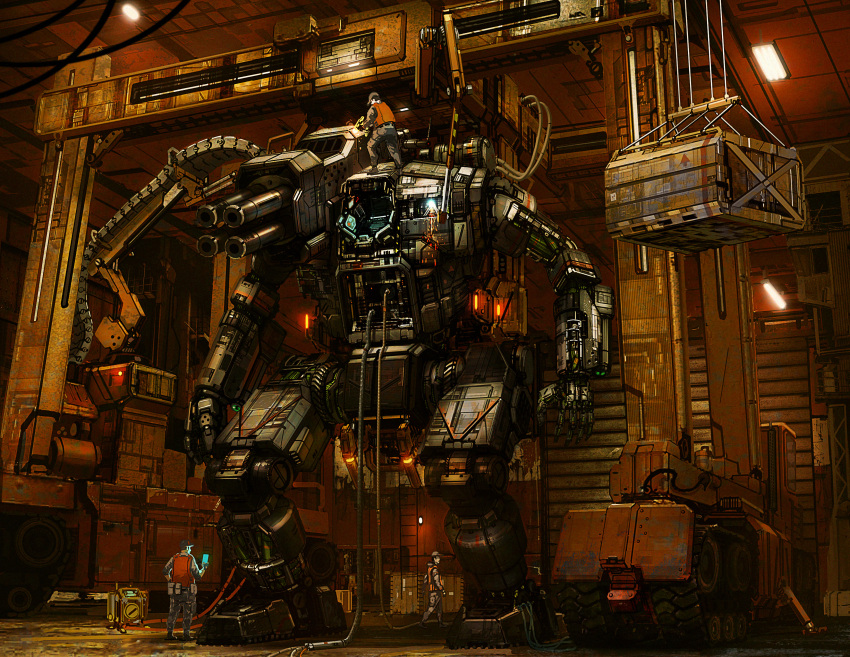 3boys, absurdres, alexander_iglesias, battletech, cable, caterpillar_tracks, commentary, crane_(machine)