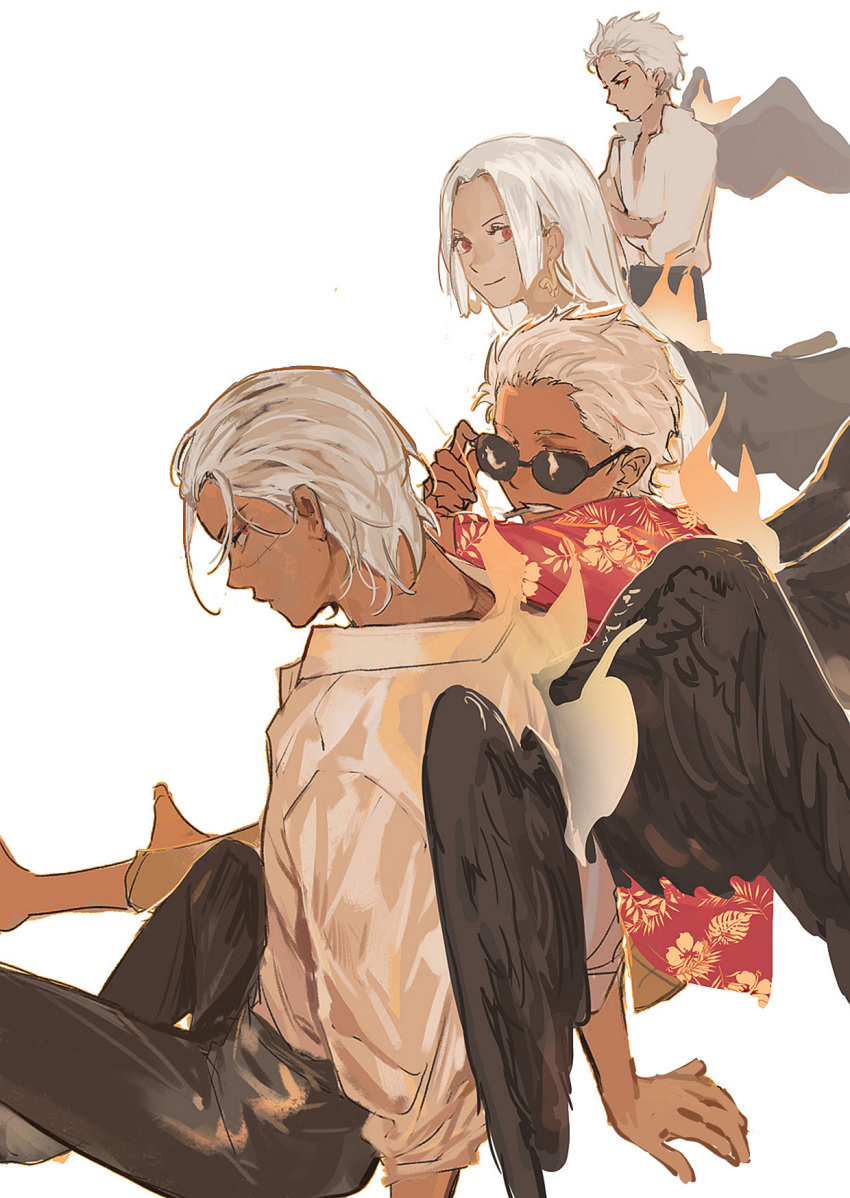 1girl, 3boys, black_wings, chamsut0905, crossed_arms, female_child, fire, highres
