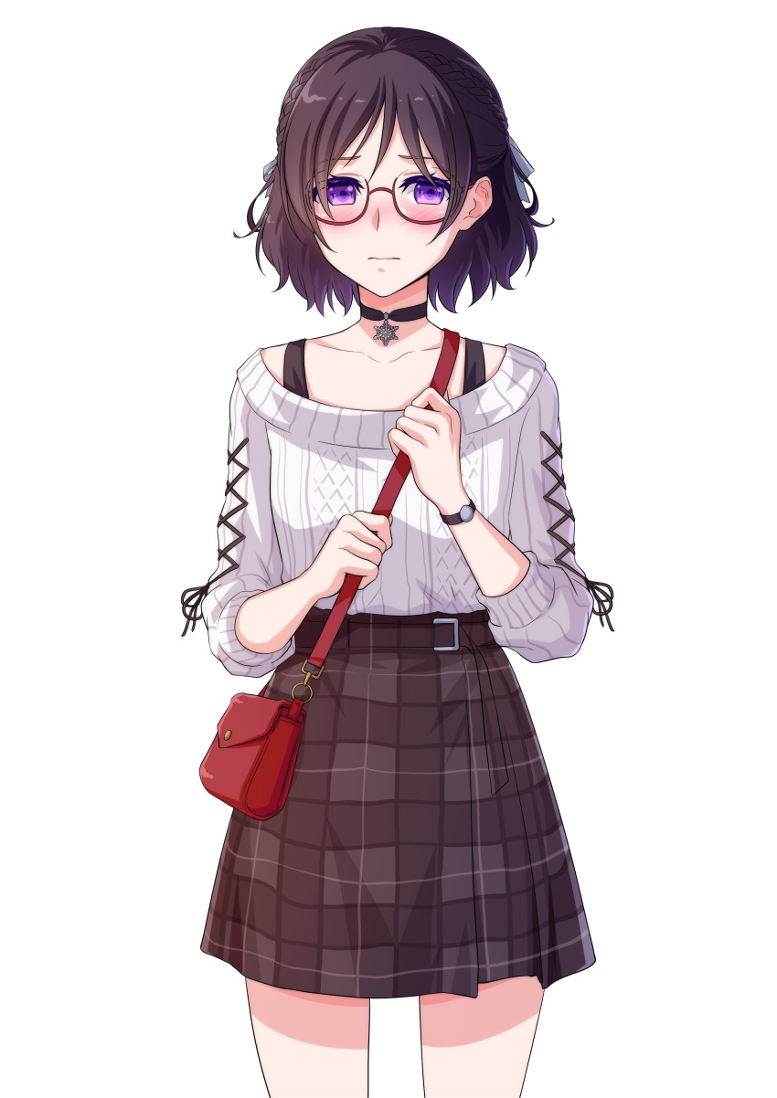 1girl, absurdres, bag, blush, braid, brown_hair, brown_skirt, closed_mouth