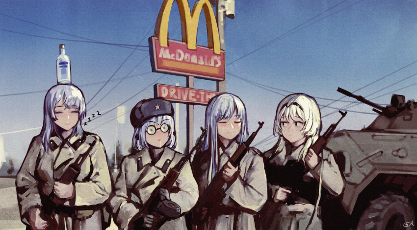 4girls, :o, absurdres, afghanistan, ak-12_(girls'_frontline), ak-15_(girls'_frontline), alcohol, alternate_costume