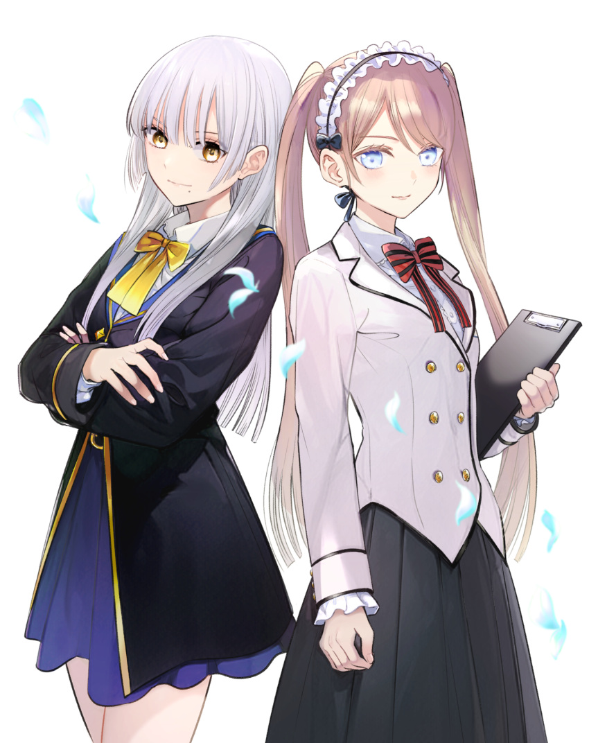 anne_sieber, black_hairband, black_jacket, black_skirt, blue_eyes, blue_skirt, bow, brown_eyes