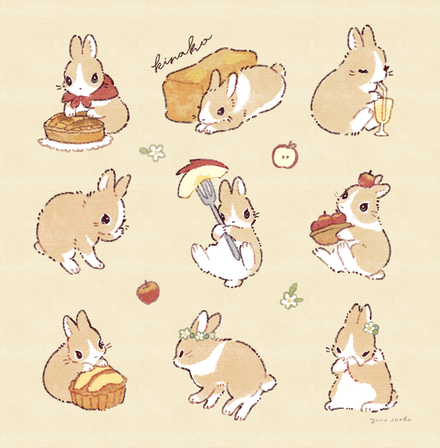 animal_focus, apple, apple_juice, apple_on_head, apple_pie, apple_rabbit, apple_slice, apple_tart, artist_name, basket, bread, brown_fur, commission, drinking, drinking_straw, english_commentary, flower, food, food_art, food_on_head, fork, fruit, fruit_on_head, hair_flower, hair_ornament, head_wreath, holding, holding_basket, holding_fork, mixed-language_commentary, multiple_views, no_humans, object_on_head, original, paper_texture, pie, rabbit, red_apple, simple_background, skeb_commission, two-tone_fur, white_flower, white_fur, yurano_(upao)