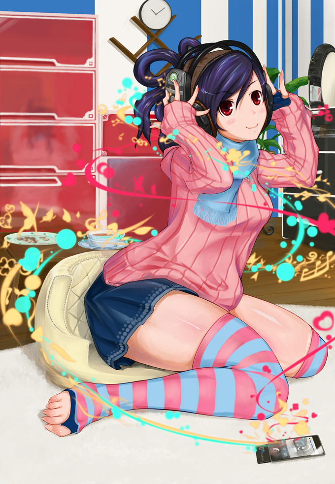 blue_legwear, feet, hands_on_headphones, headphones, multicolored_legwear, nora7, nora_(nora7), pink_legwear, scarf, sitting, socks, striped, striped_legwear, striped_socks, thighhighs, toeless_legwear, toes