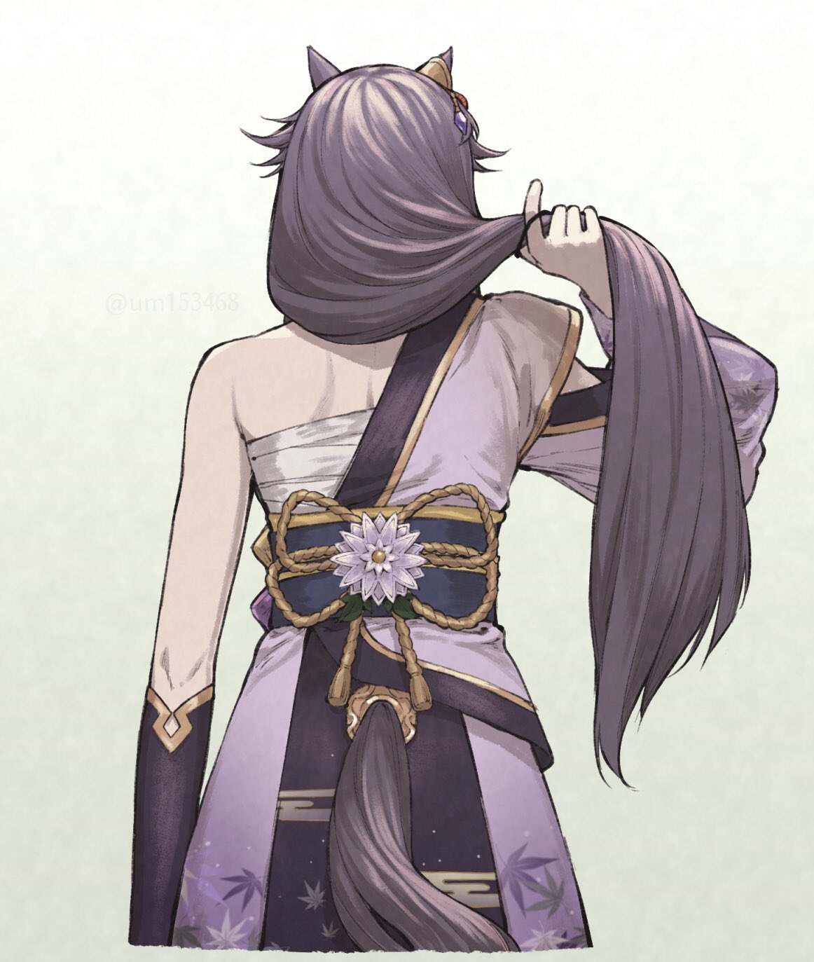 1girl, animal_ears, arm_at_side, black_hair, chest_sarashi, detached_sleeves, floral_print, from_behind, gradient_background, hadanugi_dousa, hand_up, highres, holding, holding_hair, horse_ears, horse_girl, horse_tail, japanese_clothes, kimono, long_hair, narita_brian_(heavenly_laughter_kaburaya)_(umamusume), narita_brian_(umamusume), obi, purple_kimono, sarashi, sash, single_bare_shoulder, solo, tail, tail_through_clothes, umamusume, upper_body, uruimu