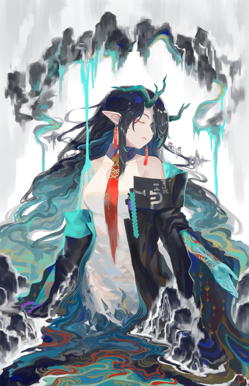 1girl, absurdres, arknights, bare_shoulders, bead_bracelet, beads, bracelet, breasts