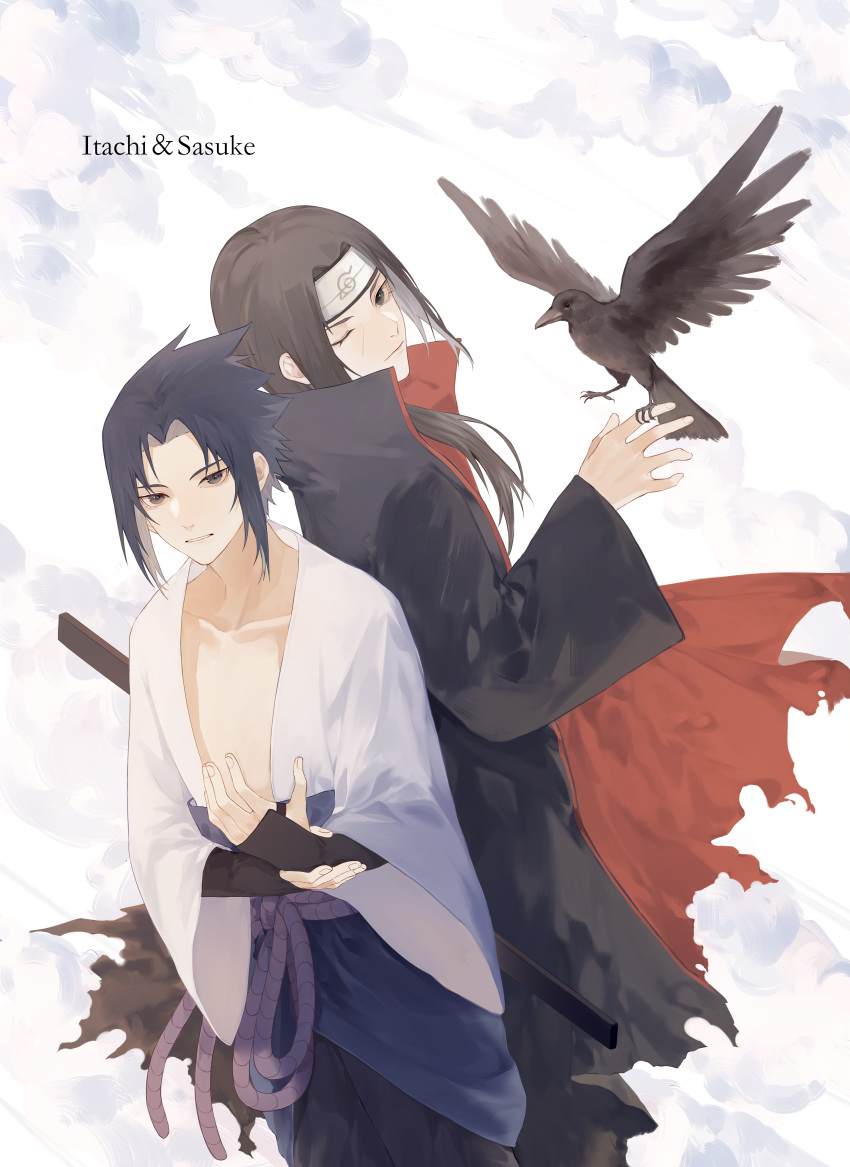 2boys, absurdres, akatsuki_uniform, back-to-back, bird, bird_on_hand, black_cloak, black_hair, black_pants, black_robe, black_wings, cape, cloak, clouds, crow, expressionless, feathered_wings, hand_up, headband, highres, japanese_clothes, long_hair, lydiaaa, male_focus, multiple_boys, naruto, naruto_(series), one_eye_closed, open_clothes, open_robe, outstretched_hand, pants, parted_bangs, robe, short_hair, sky, torn_cape, torn_clothes, uchiha_itachi, uchiha_sasuke, white_robe, wings