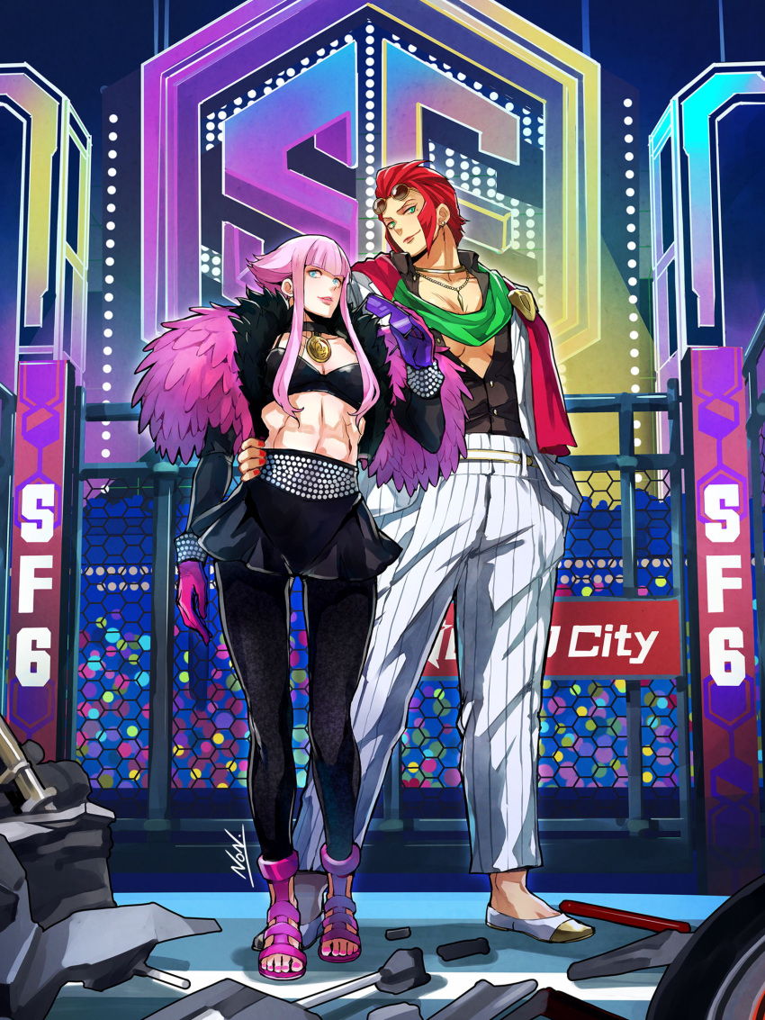 2girls, abs, absurdres, arm_around_waist, black_bra, black_choker, black_leggings, black_shirt, black_skirt, blue_eyes, bra, breasts, choker, commentary_request, crowd, earrings, eyewear_on_head, feather_boa, flats, full_body, gloves, green_eyes, hair_slicked_back, hand_in_pocket, highres, italian_flag_print, jewelry, kujou_non, leggings, lipstick, long_sleeves, makeup, manon_legrand, marisa_(street_fighter), medallion, medium_breasts, midriff, mole, mole_under_eye, multiple_girls, nail_polish, necklace, no_bra, octagon, official_alternate_costume, pants, partially_unbuttoned, pink_footwear, pink_gloves, pink_hair, pink_lips, pink_nails, pinstripe_pants, pinstripe_pattern, plunging_neckline, purple-tinted_eyewear, red_lips, red_nails, redhead, removing_sunglasses, scarf, shirt, shooting_glasses, short_hair, short_hair_with_long_locks, skirt, standing, street_fighter, street_fighter_6, striped, stud_earrings, suit, sunglasses, tall_female, tinted_eyewear, toeless_footwear, toenail_polish, toenails, underwear, white_footwear, white_pants, white_suit, yellow-framed_eyewear, yuri