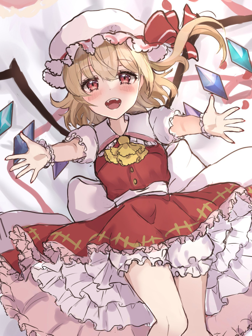 1girl, :d, arms_up, ascot, bad_perspective, blonde_hair, blush, breasts