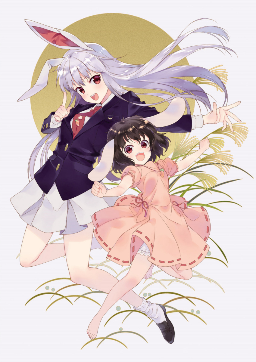 2girls, animal_ears, artist_request, barefoot, black_footwear, black_hair, black_jacket, blazer, bobby_socks, buttons, carrot_necklace, dress, floppy_ears, frilled_sleeves, frills, highres, inaba_tewi, jacket, jewelry, light_purple_hair, long_hair, long_sleeves, multiple_girls, necklace, necktie, open_mouth, pink_dress, pink_shirt, pink_skirt, pleated_skirt, puffy_short_sleeves, puffy_sleeves, purple_hair, rabbit_ears, rabbit_girl, red_eyes, red_necktie, reisen_udongein_inaba, ribbon-trimmed_dress, ribbon-trimmed_skirt, ribbon_trim, shirt, short_hair, short_sleeves, skirt, smile, socks, strange_creators_of_outer_world, touhou, white_shirt, white_socks