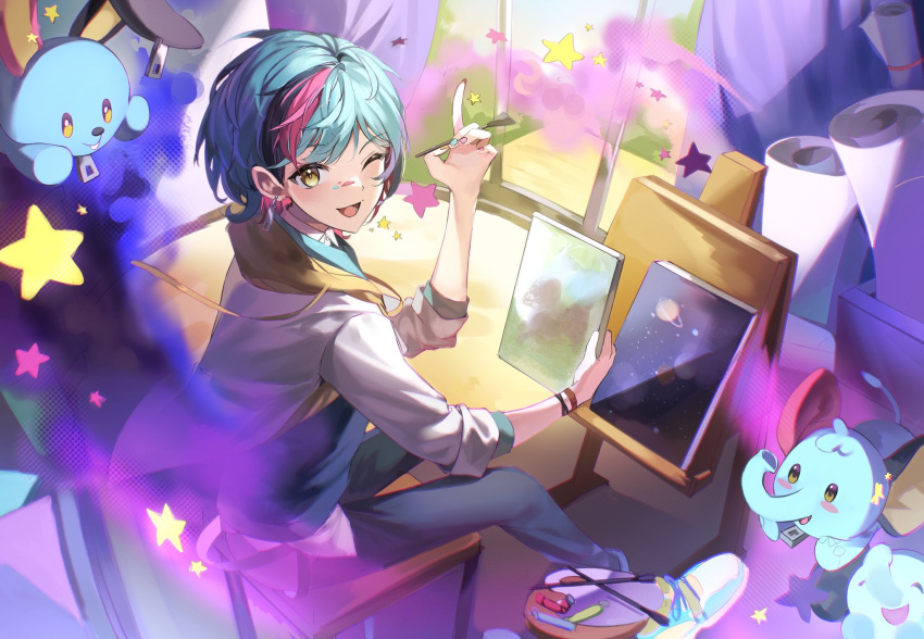 1boy, ;d, black_hair, blue_hair, blue_nails, blue_pants, commentary, earrings