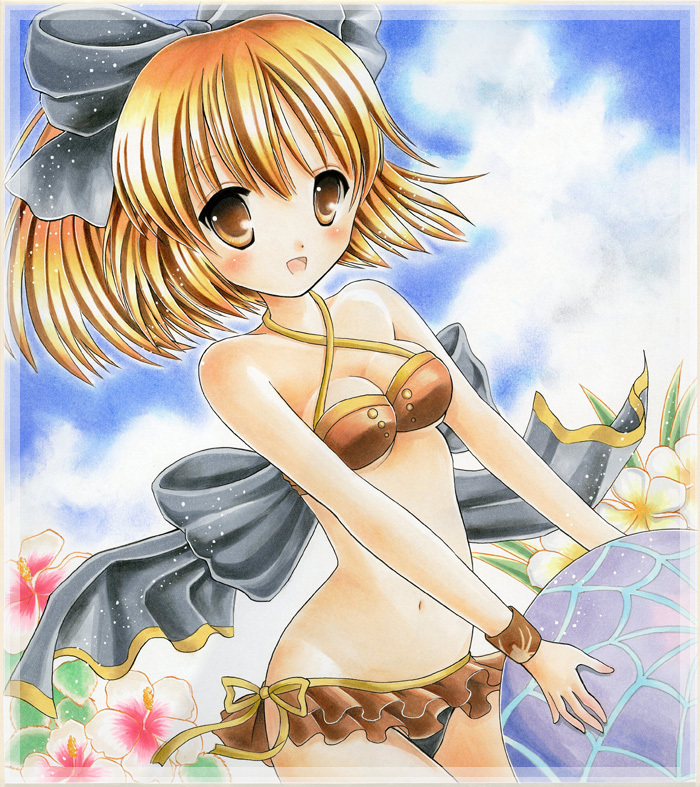ball, beachball, bikini, blonde_hair, bow, colored_pencil_(medium), hair_bow, kurodani_yamame