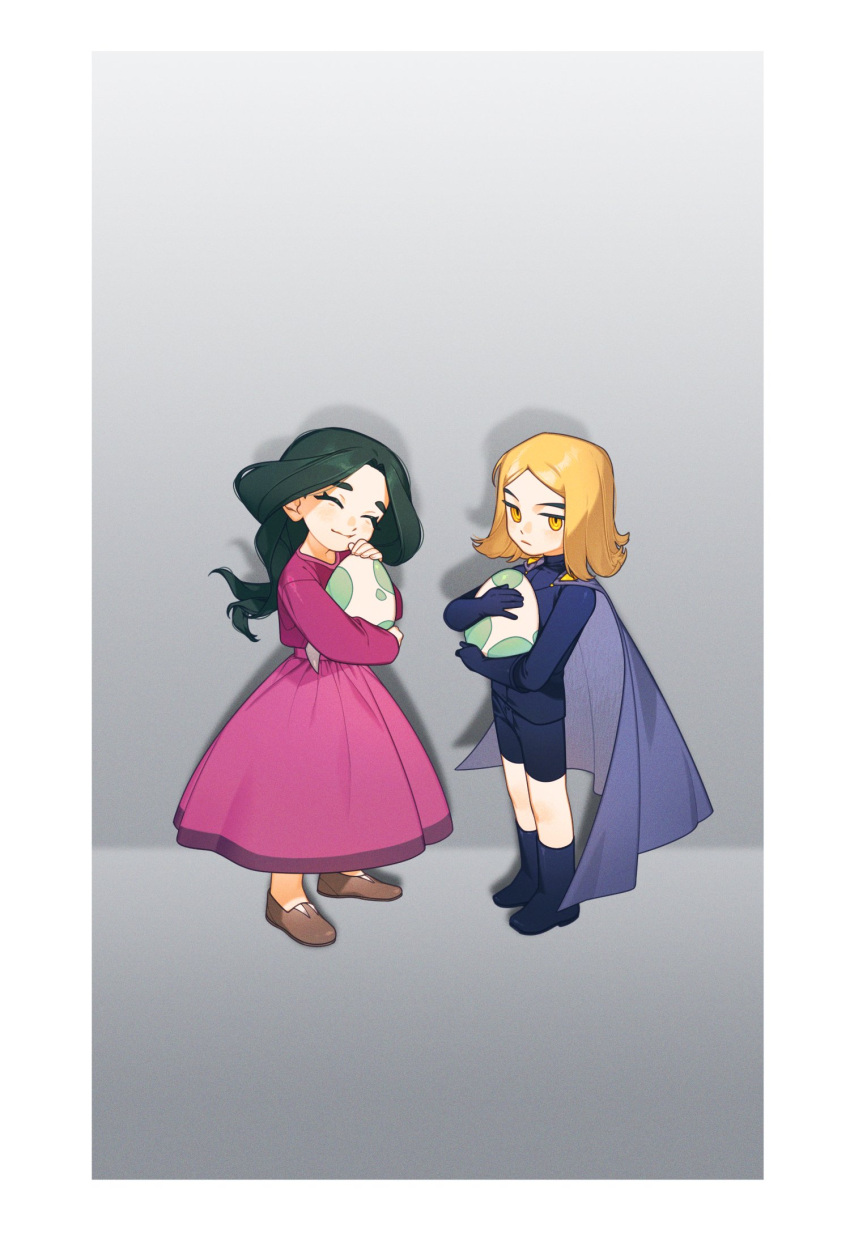 1boy, 1girl, aged_down, blonde_hair, border, brown_footwear, cape, closed_eyes