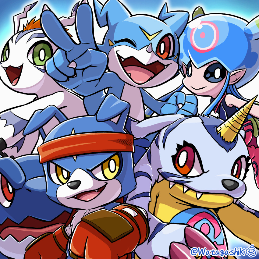 1girl, ;d, absurdres, blue_hair, boxing_gloves, clenched_hand, closed_mouth, commentary_request, digimon, digimon_(creature), english_commentary, fangs, fangs_out, fingernails, furry, gabumon, gaomon, gaossmon, gloves, gomamon, gradient_background, green_eyes, happy, headband, highres, horns, jellymon, long_hair, looking_at_viewer, mixed-language_commentary, one_eye_closed, open_mouth, red_eyes, red_gloves, red_headband, redhead, short_hair, signature, simple_background, single_horn, smile, tentacle_hair, tongue, twitter_username, v, v-mon, watagashikn, yellow_eyes