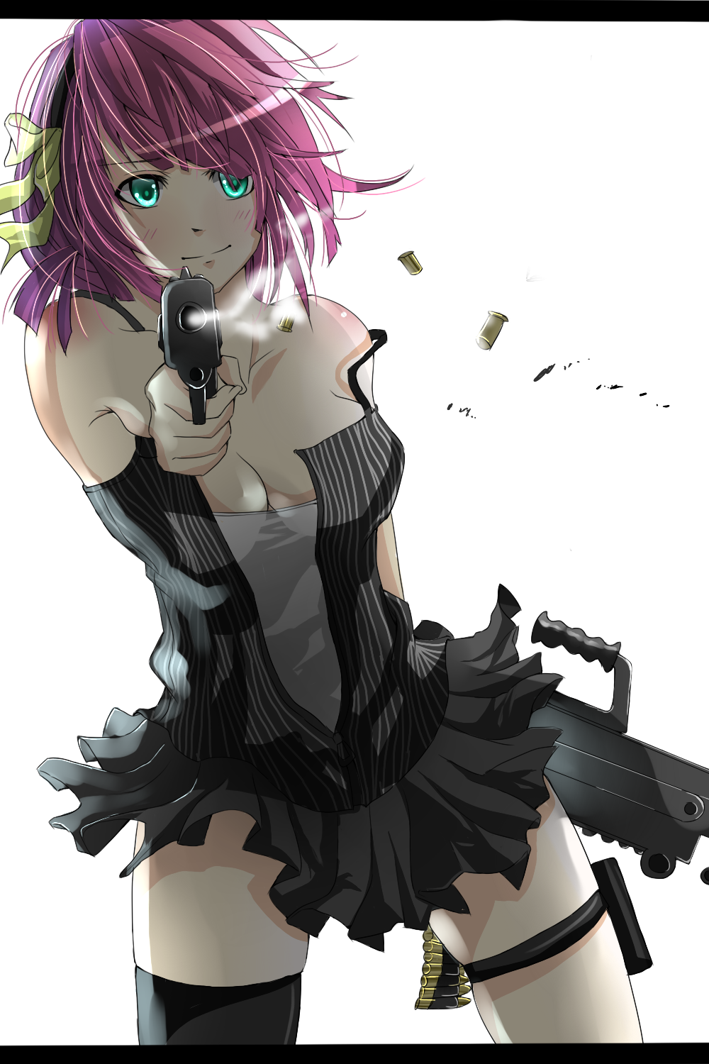 bare_shoulders, black_legwear, black_thighhighs, breasts, bullet, casing_ejection, cleavage, dress