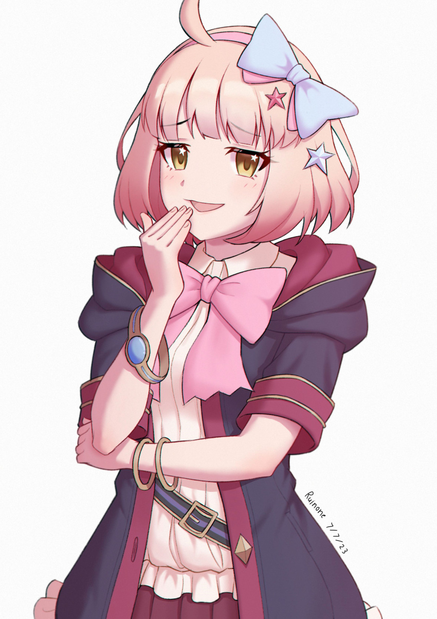1girl, absurdres, ahoge, artist_name, belt, black_belt, blue_bow, blunt_bangs, bob_cut, bow, bow_hairband, bracelet, breasts, chieru_(princess_connect!), coat, collared_shirt, commentary, dated, fingernails, frilled_skirt, frills, hair_bow, hair_ornament, hairband, hand_to_own_mouth, highres, hooded_coat, jewelry, looking_at_viewer, open_clothes, open_coat, open_mouth, pink_bow, pink_hair, pink_hairband, pleated_skirt, princess_connect!, purple_coat, red_coat, red_skirt, ruinone, school_uniform, shirt, short_sleeves, simple_background, skirt, smile, solo, st._theresa's_girls_academy_school_uniform, star_(symbol), star_hair_ornament, star_in_eye, symbol_in_eye, two-tone_coat, white_background, white_shirt, yellow_eyes