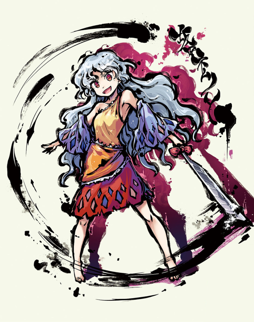 1girl, bare_shoulders, barefoot, blue_sleeves, bow, cleaver, detached_sleeves, diamond_cutout, dress, grey_hair, hashitsuki_nata, highres, holding, long_hair, multicolored_clothes, multicolored_dress, nata_(tool), open_mouth, orange_dress, red_eyes, sakata_nemuno, single-shoulder_dress, single_strap, smile, solo, strange_creators_of_outer_world, tokiame, touhou, wavy_hair, white_hair, yellow_dress
