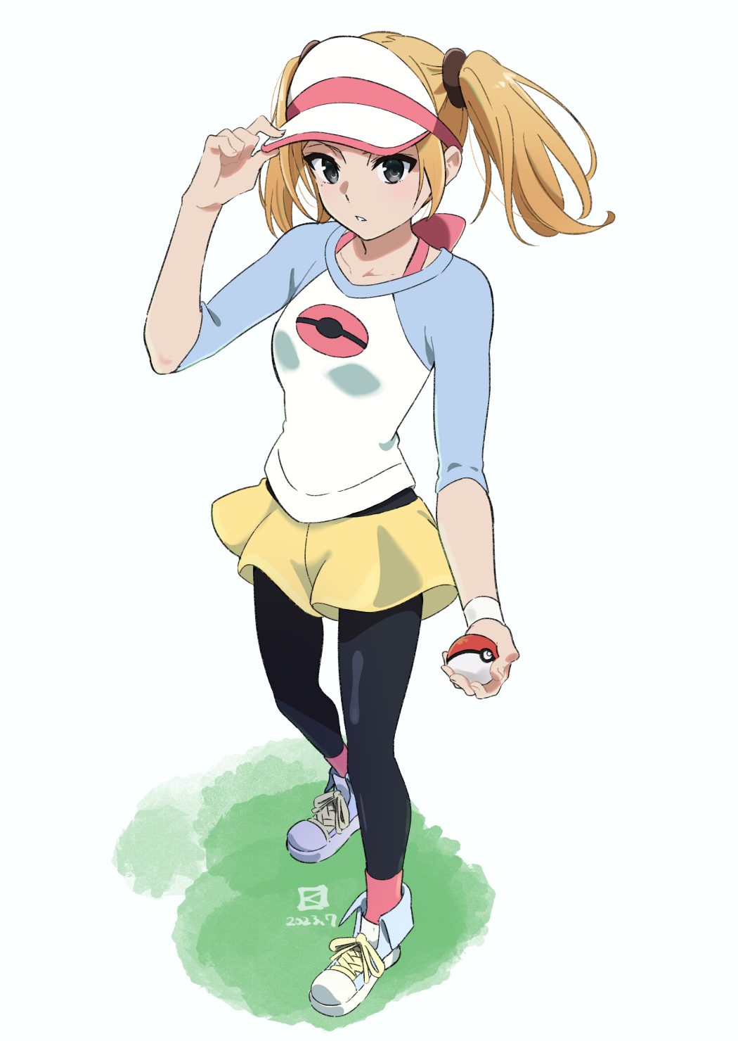 1girl, black_pantyhose, blonde_hair, cosplay, full_body, grey_eyes, hand_on_headwear, highres, holding, holding_poke_ball, long_sleeves, miyahara_takuya, pantyhose, pantyhose_under_shorts, pink_socks, poke_ball, poke_ball_(basic), pokemon, pokemon_(game), pokemon_bw2, raglan_sleeves, rosa_(pokemon), rosa_(pokemon)_(cosplay), shirobako, shirt, shoes, short_shorts, short_twintails, shorts, sneakers, socks, socks_over_pantyhose, solo, twintails, visor_cap, white_background, yano_erika, yellow_shorts
