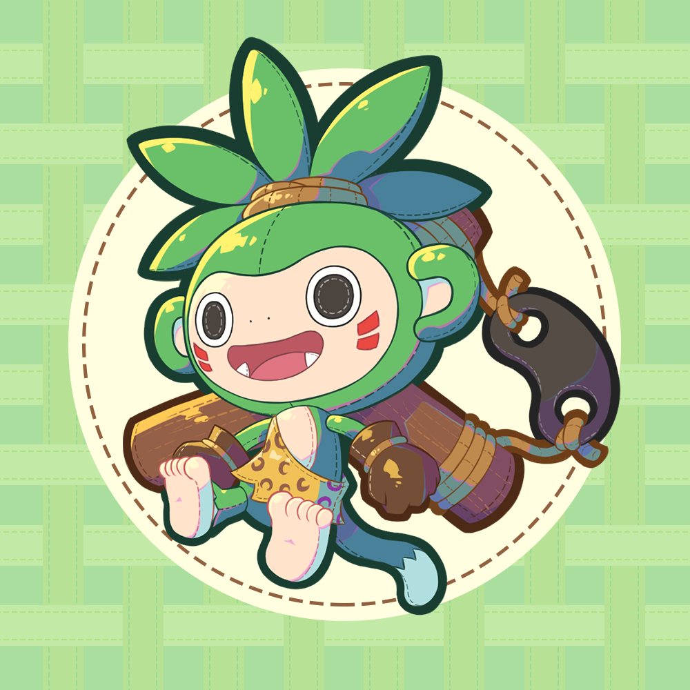 barefoot, black_eyes, brown_gloves, circle, colored_skin, commentary, digimon, digimon_(creature), facepaint, fangs, full_body, gloves, green_background, green_skin, grey_background, koemon, mixed-language_commentary, monkey, monkey_tail, no_humans, open_mouth, plaid, plaid_background, pluto.m, round_image, slingshot_(weapon), solo, tail, toes, tongue, two-tone_background, weapon, weapon_on_back